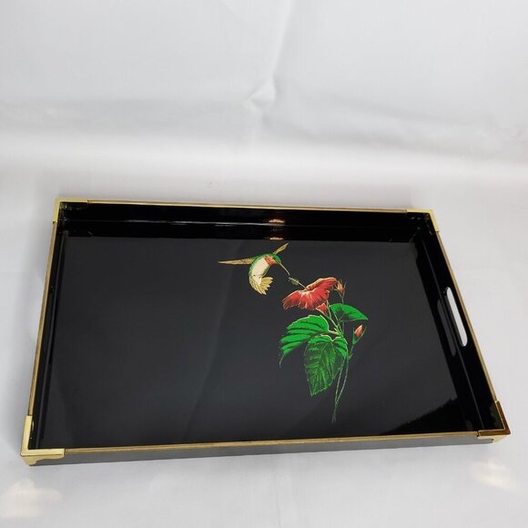 Black Lacquer Serving Tray Hummingbird Flower Goldtone Accents Japan Otagiri - Picture 3 of 5